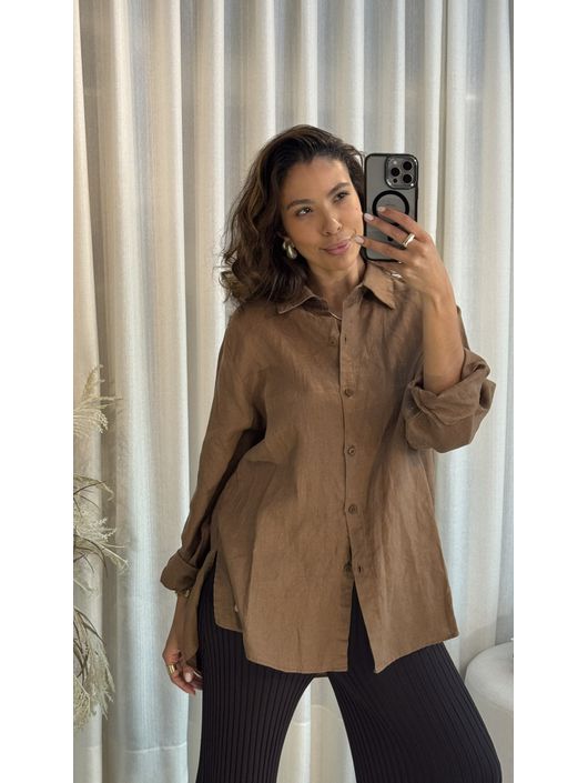 Camisa Mullet Biamar Em Linho Marrom 2708 - K11293 - KATI MODAS