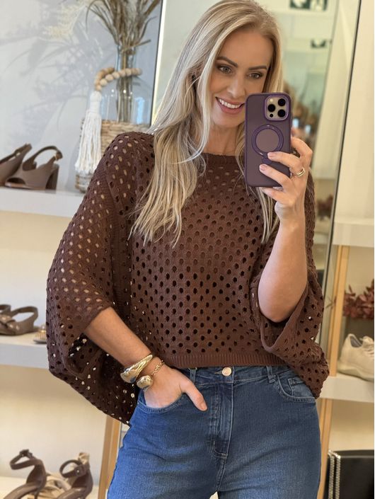 Blusa Le Bongã Ampla Com Pontos Vazados Marrom 260... - KATI MODAS