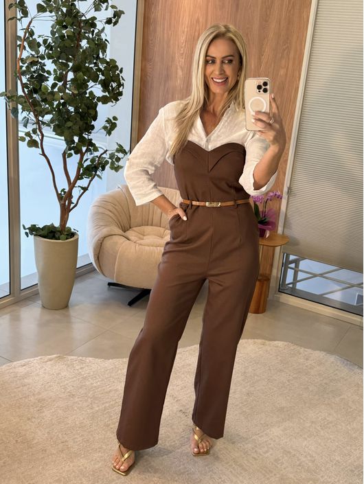 Macacão Le Bongã Com Alças Removíveis Marrom 2210 ... - KATI MODAS