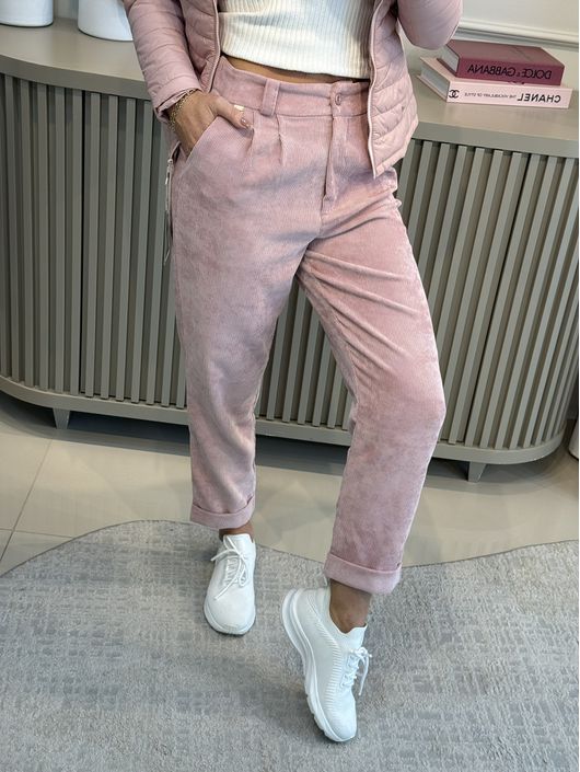 Calça Biamar De Veludo Com Barra Italiana Rosa Med... - KATI MODAS