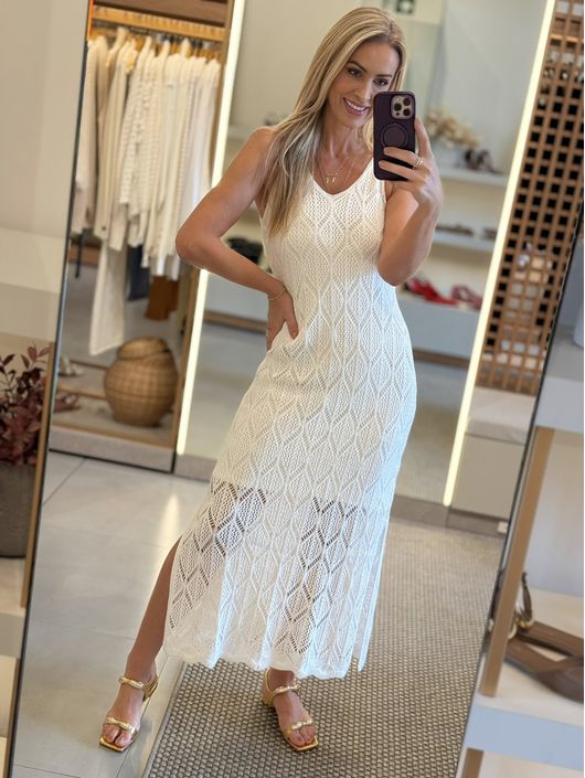 Vestido Le Bongã Tricô Longo Vazado Off White - K... - KATI MODAS