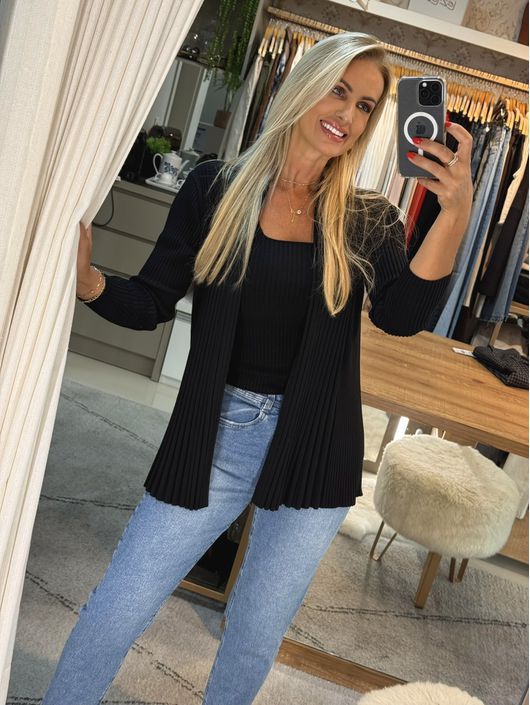 Cardigan Alongado Com Malha Canelada Preto - K018... - KATI MODAS