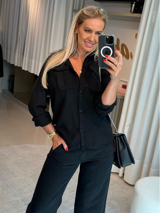 Camisa Biamar de Sarja Preto - K12006B - KATI MODAS
