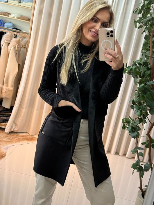 Casaco Ambicione Em Suede e Tricô Preto 0207 - K19... - KATI MODAS