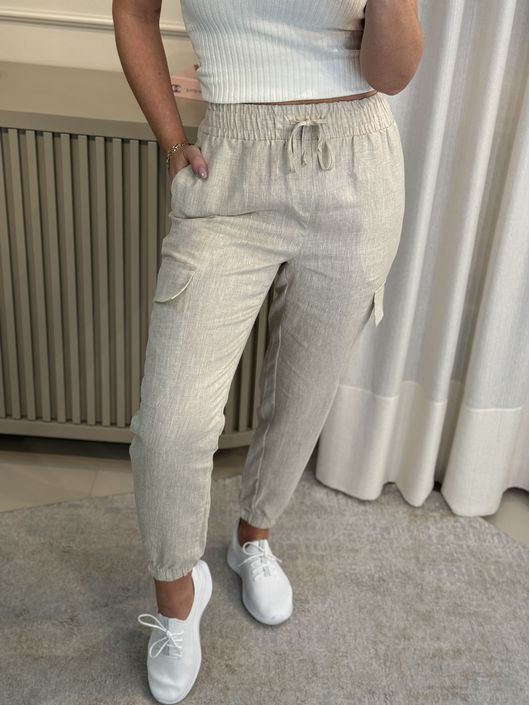 Calça Cargo Em Linho Bege - K047413AM - KATI MODAS