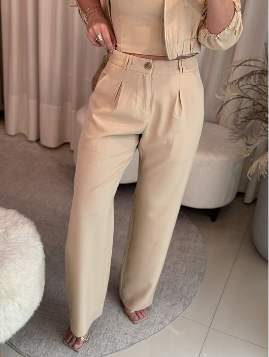Calça Madri Pantalona Com Bolso Faca Bege - K1313... - KATI MODAS