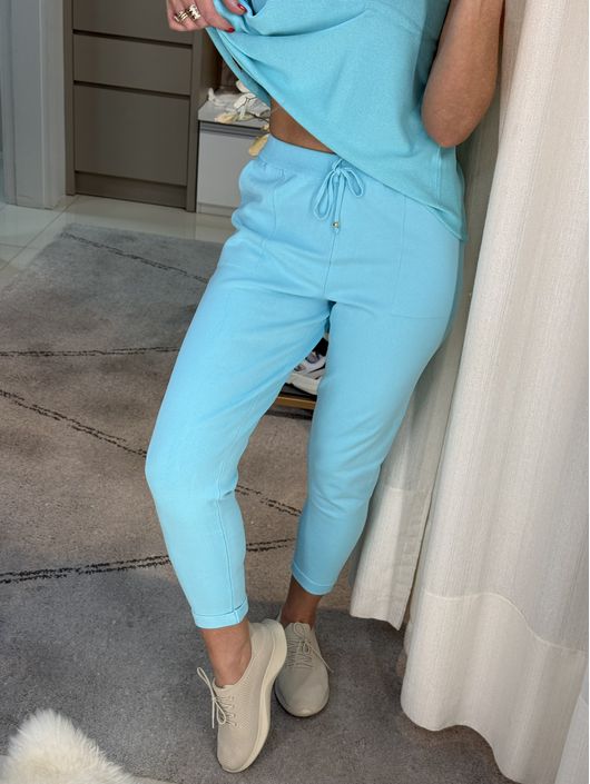 Calça De Tricô Com Barra Italiana Azul Turquesa - ... - KATI MODAS