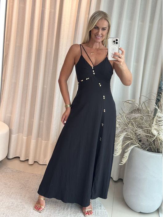 Vestido Aura Longo Com Botões Dourados Preto - K65... - KATI MODAS