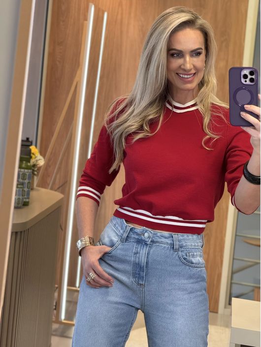 Blusa Biamar Meia Manga Com Listras Vermelho 0610 ... - KATI MODAS