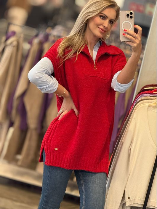 Colete Com Gola Alta E Zíper Oversized Vermelho 12... - KATI MODAS
