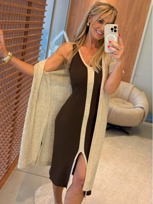  Vestido Le Bongã Tricô Canelado Midi Decote V Mar... - KATI MODAS