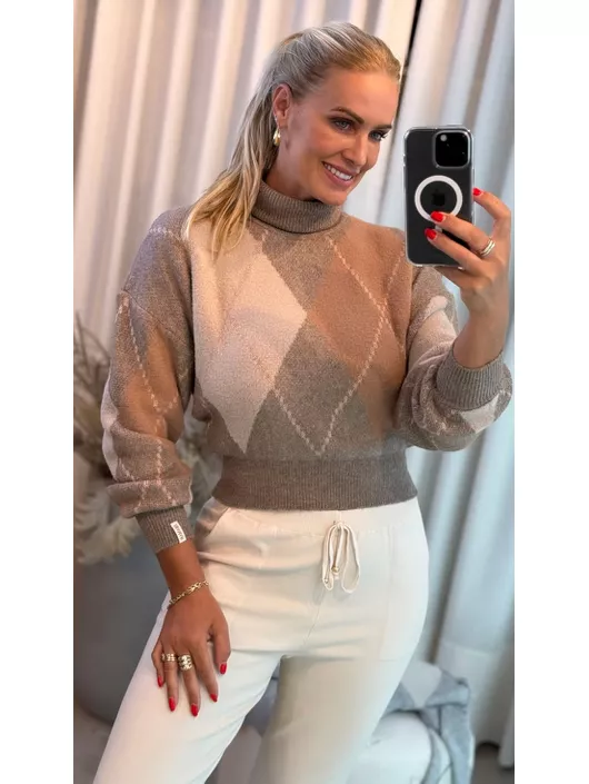 Blusa Biamar Fio Pluma Gola Alta Geométrica Marrom... - KATI MODAS