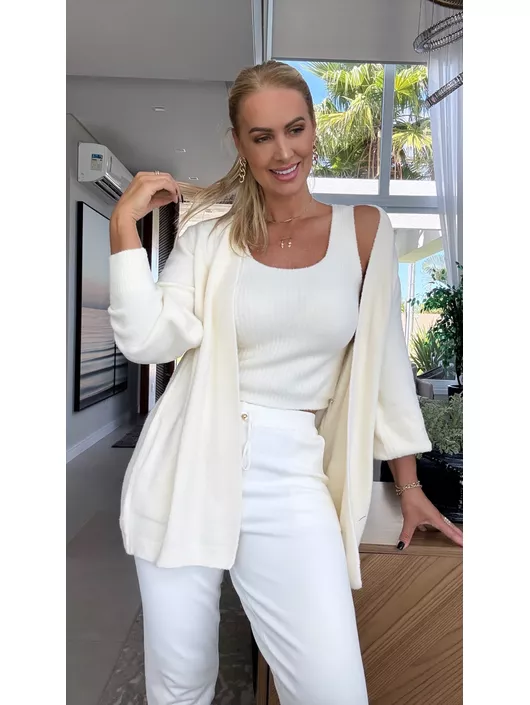 Casaco Alongado Em Fio Pluma Branco - K10243B - KATI MODAS