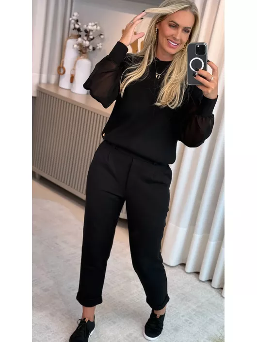 Blusa Abenção De Tricô Com Manga Em Tule Preto - K... - KATI MODAS