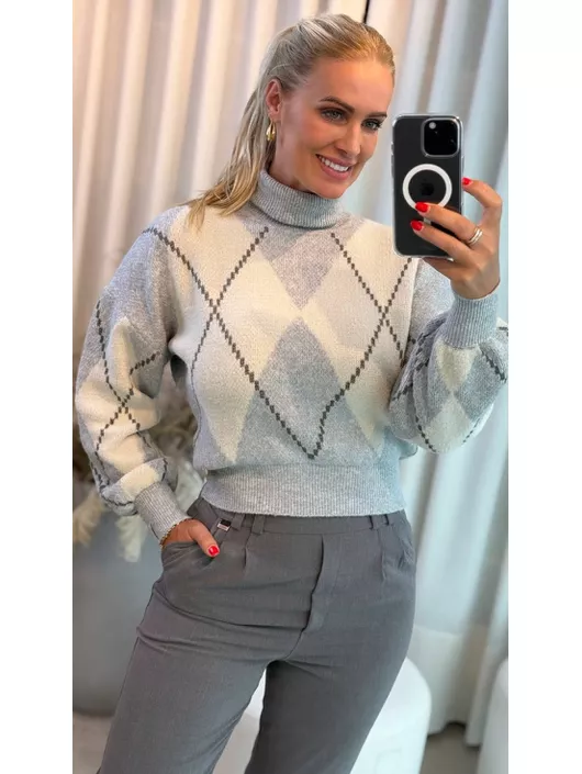 Blusa Biamar Fio Pluma Gola Alta Geométrica Cinza ... - KATI MODAS