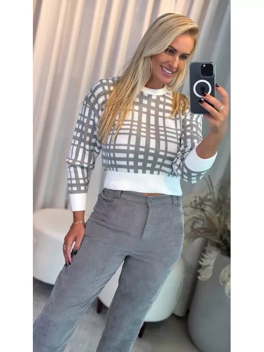 Blusa Biamar De Fio Pluma Xadrez Cinza - K11798B - KATI MODAS