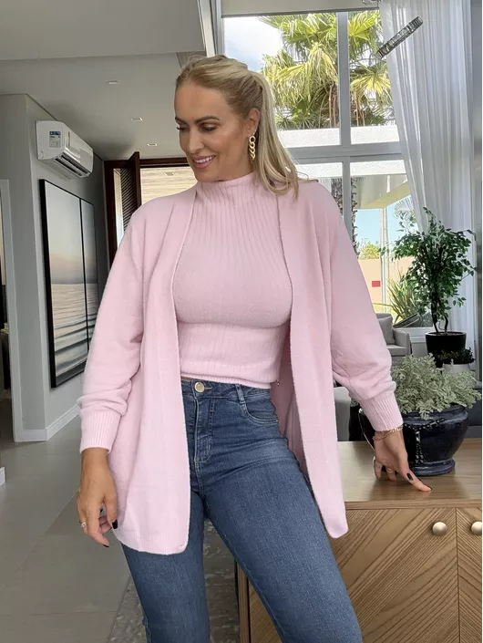 Casaco Alongado Em Fio Pluma Rosa - K11124AB - KATI MODAS