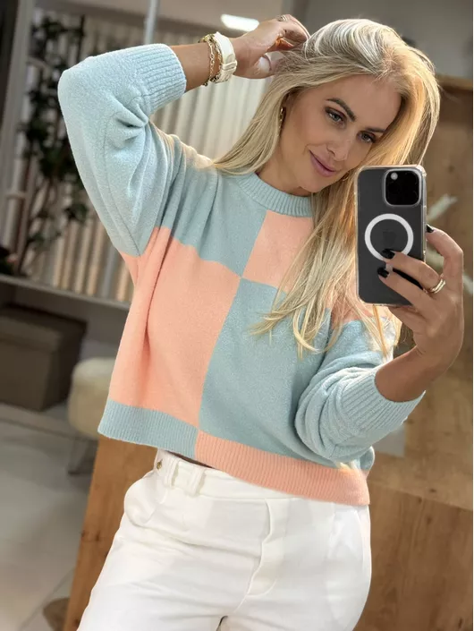 Blusa Abenção Em fio Pluma Quadriculado Azul - K11... - KATI MODAS