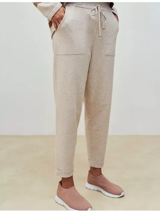Calça De Tricô Com Barra Italiana Bege Mescla - K... - KATI MODAS