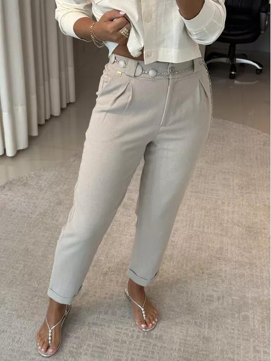 Calça Biamar De Linho Com Pregas Cinza - K11575B - KATI MODAS