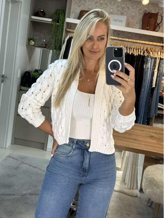 Casaco Em Tricô Ponto Bolha Off White - K019350AM - KATI MODAS