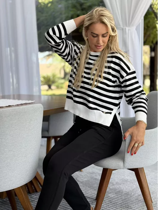 Blusa Biamar Mullet Listrada Off White Com Preto -... - KATI MODAS