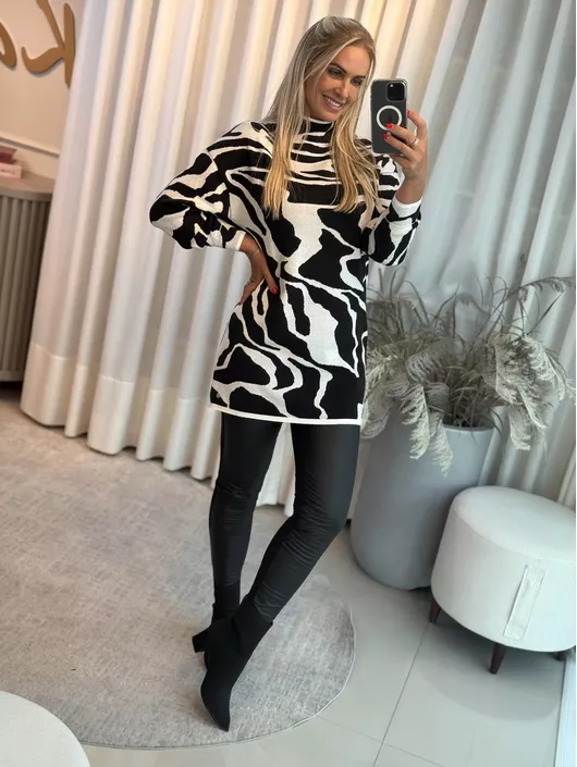 Vestido Biamar Animal Print Preto e Branco - K1179... - KATI MODAS