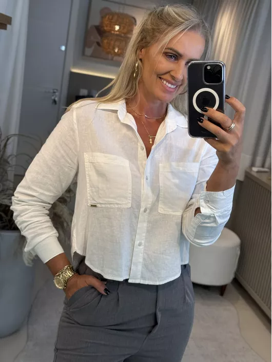 Camisa Mullet De Linho Curta Off White - K019307A - KATI MODAS