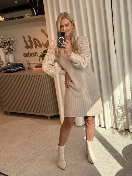 Vestido Midi Biamar Com Manga Ponto Pipoca Bege - ... - KATI MODAS