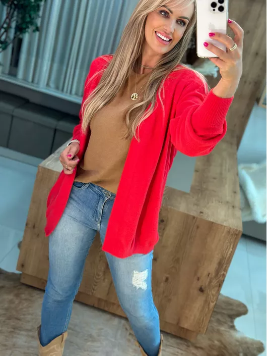Casaco Alongado Em Fio Pluma Vermelho - K10243B - KATI MODAS