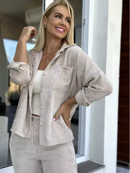 Camisa Biamar de Veludo Bege Claro - K11222B - KATI MODAS