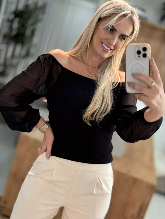 Blusa em Modal com Mangas de Tule - K11498B - KATI MODAS