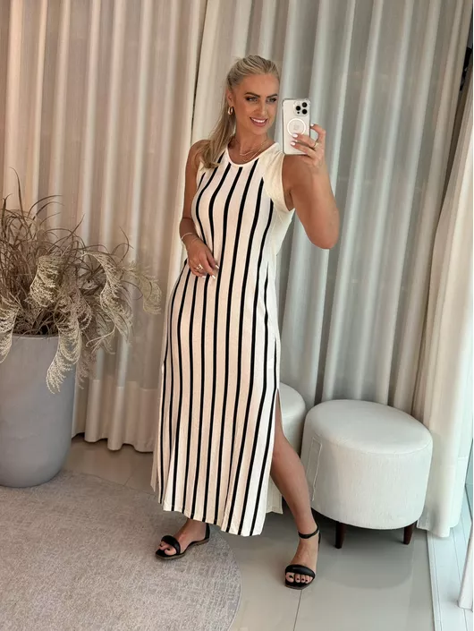 Vestido listrado preto com bege - k1008 - KATI MODAS