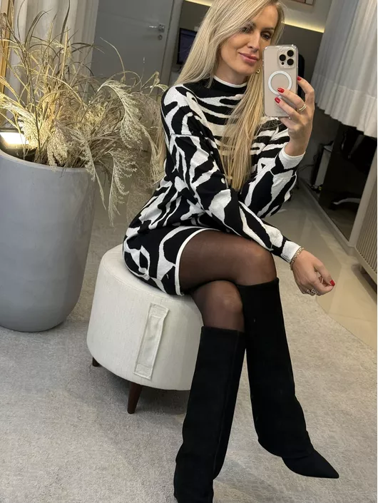 Vestido Biamar Animal Print Preto e Branco - K1179... - KATI MODAS