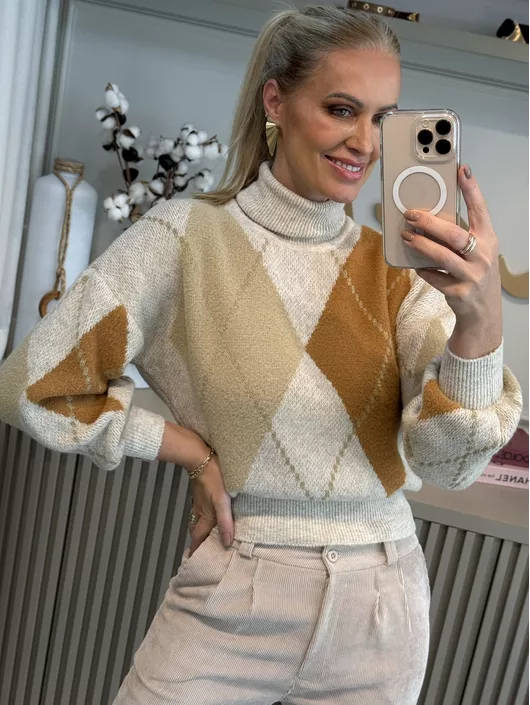 Blusa Biamar Geométrica Gola Alta Bege Claro 2306 ... - KATI MODAS