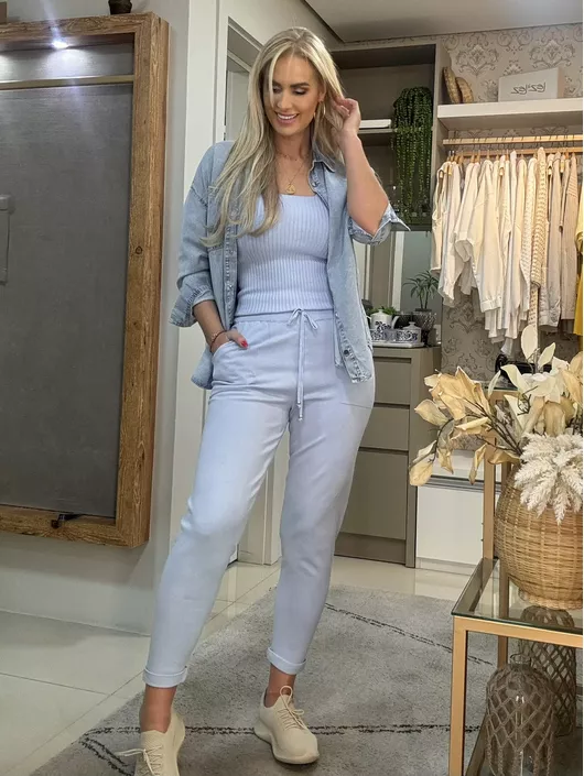 Calça De Tricô Com Barra Italiana Azul - K015644A... - KATI MODAS