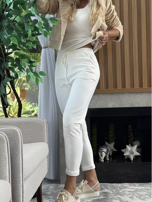 Calça De Tricô Com Barra Italiana Off White 1801a ... - KATI MODAS