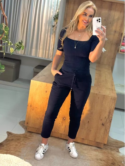 Blusa Canelada Decote Quadrado Com Manga Azul Mari... - KATI MODAS
