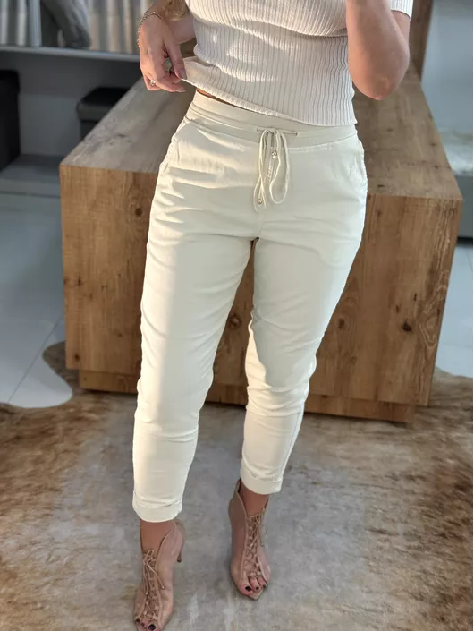 Calça De Sarja Com Cordão Creme - K018963AM - KATI MODAS