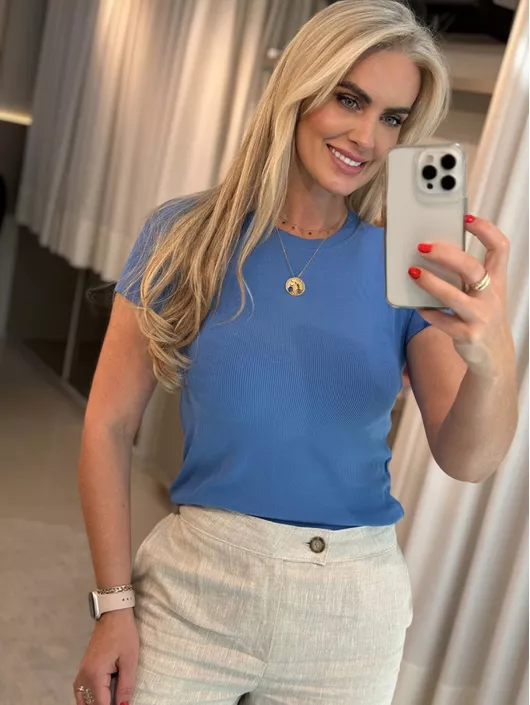 Blusa Canelada Biamar Com Gola Redonda Azul - K115... - KATI MODAS