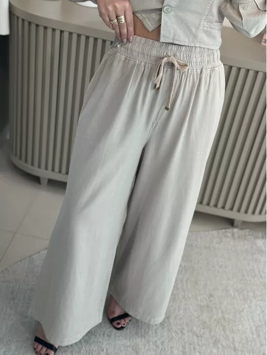 Calça Biamar Pantalona Com Elástico Bege - K1152... - KATI MODAS