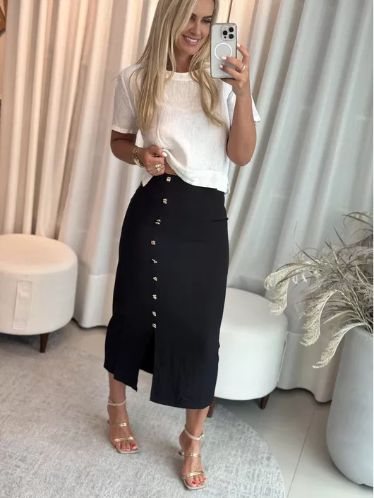 Saia Midi Aura Com Botões Dourados Preto - K65332A - KATI MODAS