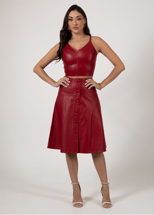 Saia Mídi De Couro Vermelho Carmim Josy - Elite Couro Store