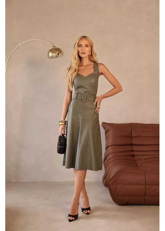Saia Mídi de Couro Verde Oliva Laur... - Elite Couro Store