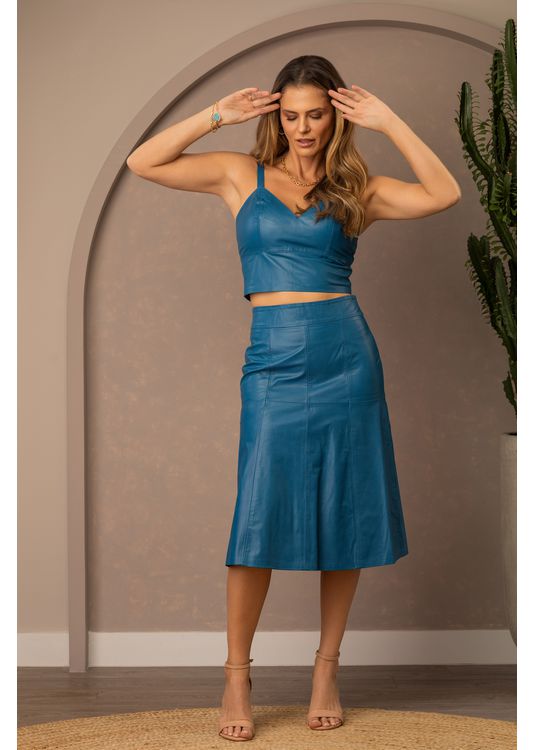Saia Midi de Couro Azul Turquesa Na... - Elite Couro Store