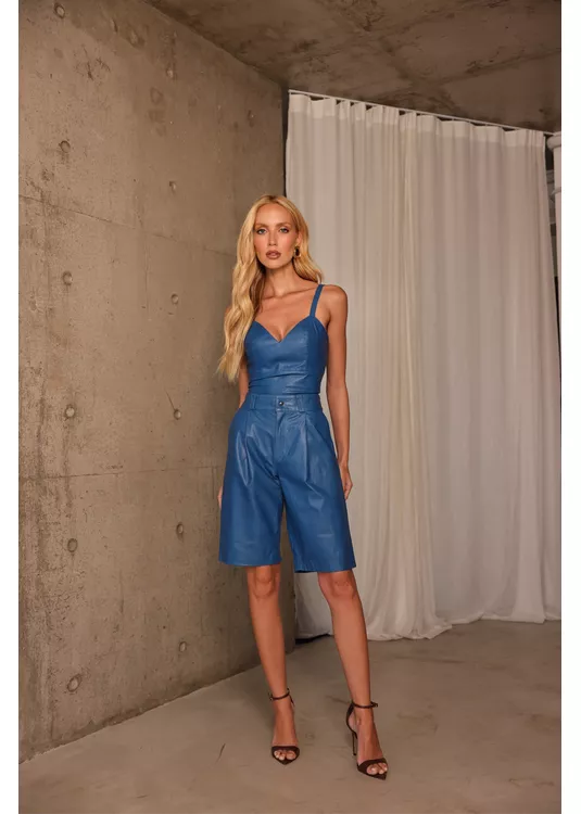 Bermuda de Couro Feminina Azul Turq... - Elite Couro Store