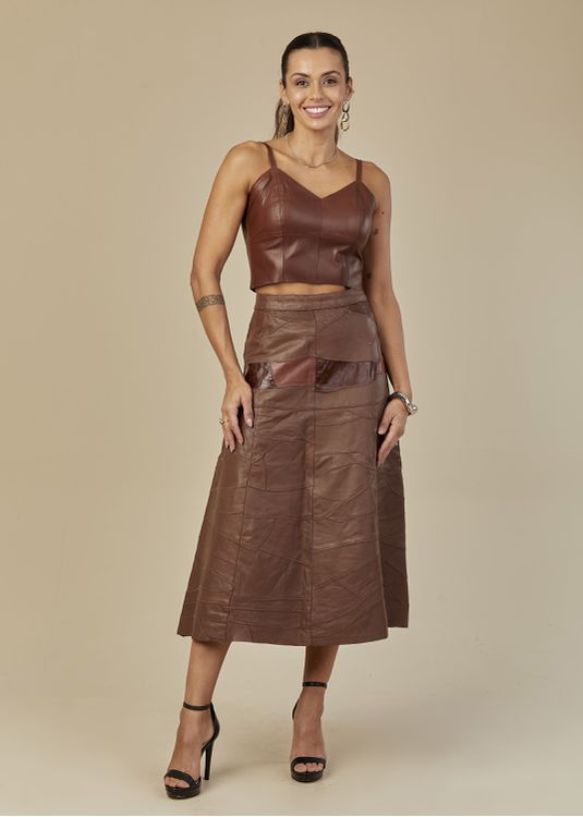 Saia De Couro Pelica Patchwork Feminina Bicolor Ch... - Elite Couro Store