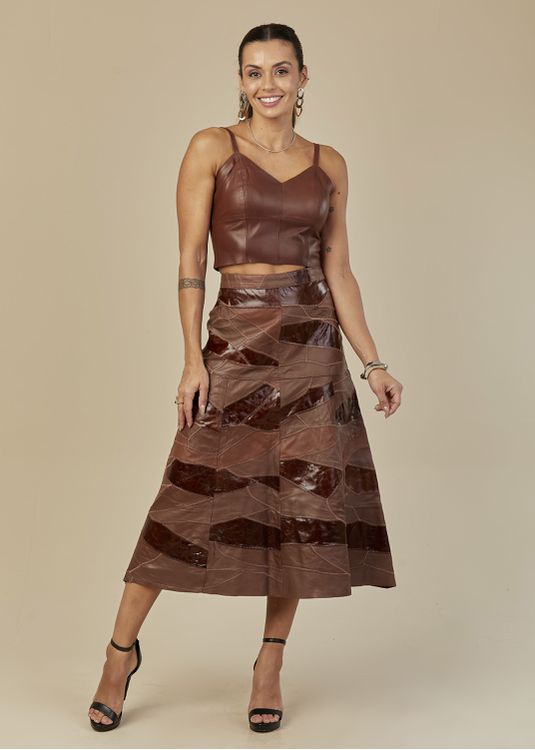 Saia De Couro Pelica Patchwork Feminina Bicolor Ca... - Elite Couro Store