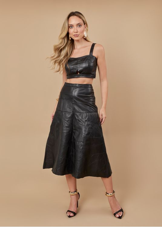 Saia De Couro Pelica Patchwork Feminina Preta - Elite Couro Store