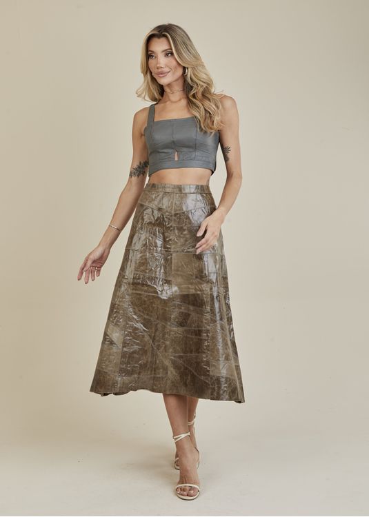 Saia De Couro Pelica Patchwork Feminina Bicolor Ve... - Elite Couro Store